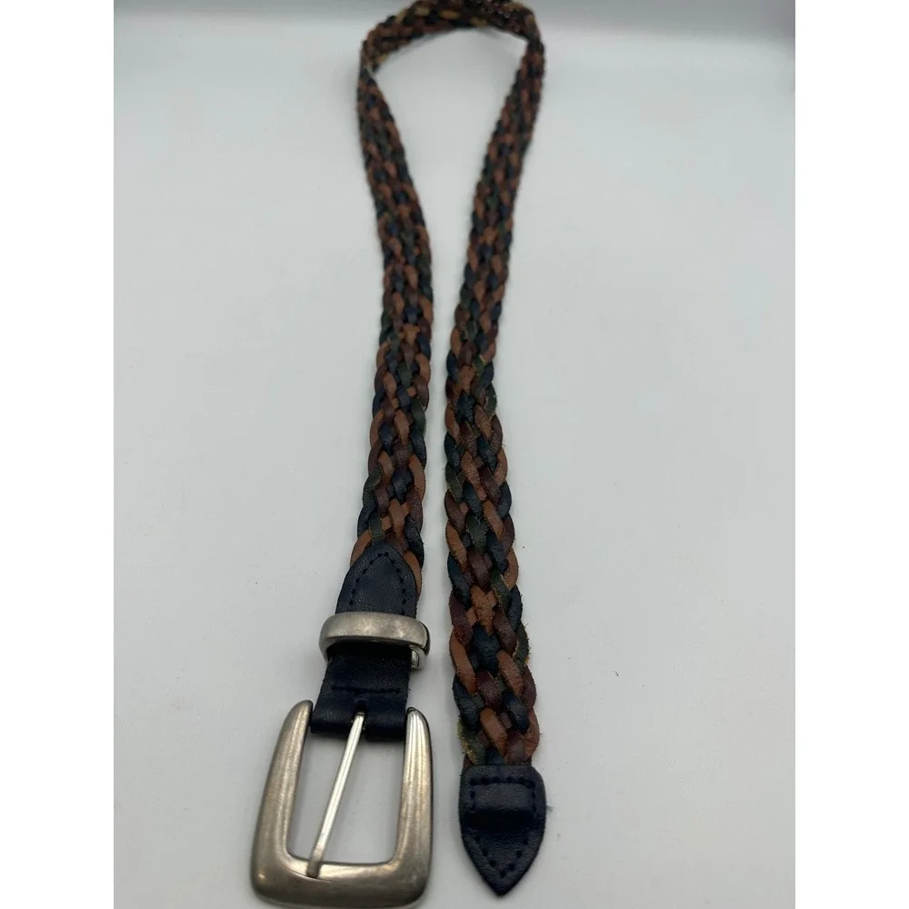 Vintage Braided Leather Belt XL Multicolor Brown Navy Western Boho Casual Silver